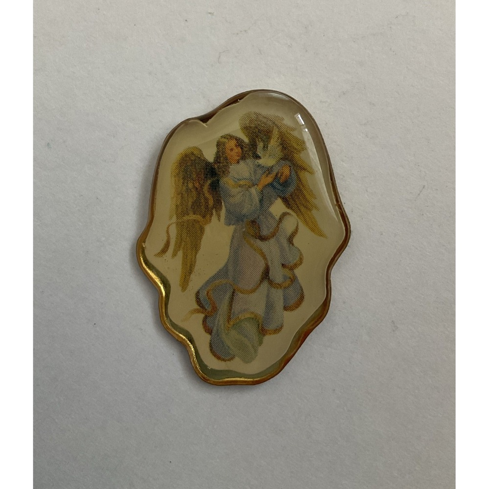 Religious Pin Guardian Angel In Blue Gown w Dove Christian Lapel Brooch Pinback